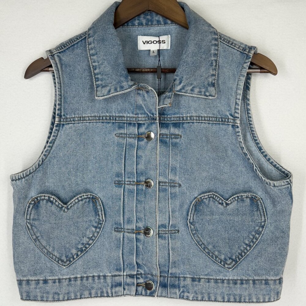 VIGOSS Women's Retro Cowgirl Festival Y2K Boho Blue Denim Vest Size Large NWT